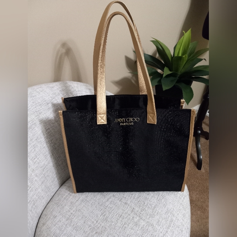 Jimmy Choo Black Parfums Tote with Gold Handles
